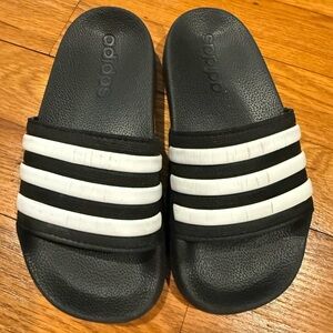 adidas Black Slip-On Sandals with White Stripes